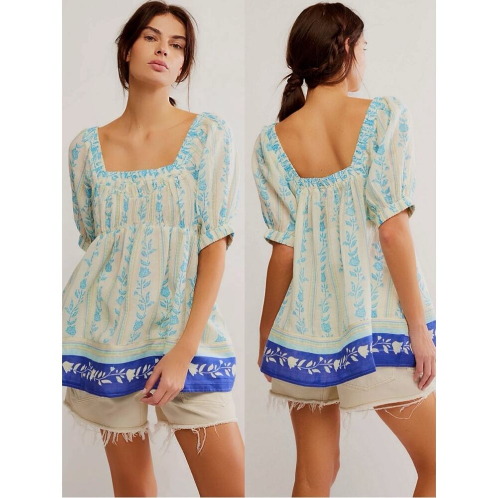 Free People Bohemian 70s Block Print Santorini Printed Babydoll Tunic Size Large